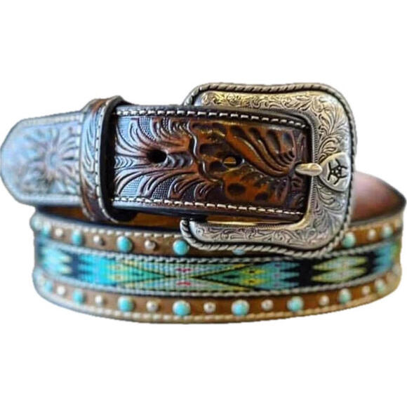 Ariat Western Women Belt Leather Brown Turquoise Tooled 32”